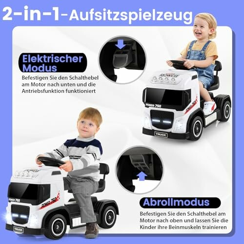 Kinderen spelen met een elektrische vrachtwagen speelgoedauto.