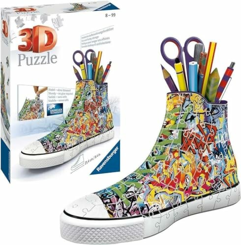 3D puzzel sneaker pennenhouder met kleurrijk ontwerp.