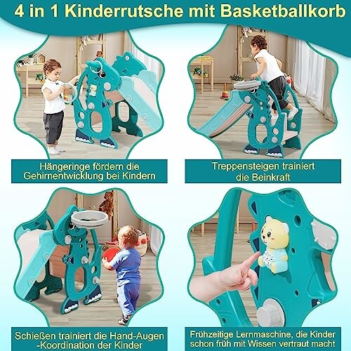 Kinderen spelen op een multifunctionele glijbaan met basketbalhoop.