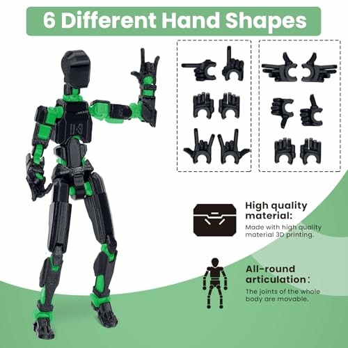 Actiefiguur met zes verschillende handvormen en hoogwaardige materialen.