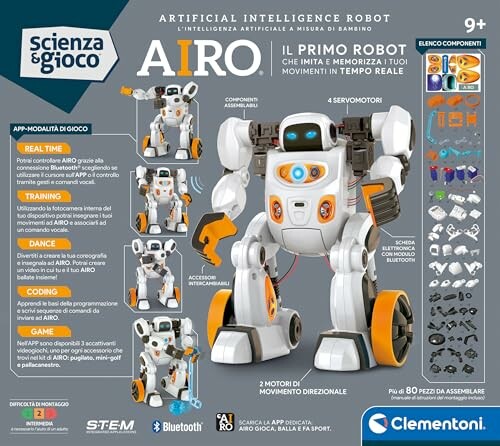 Interactieve speelgoedrobot met afstandsbediening en bouwonderdelen.