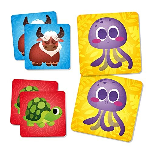 Speelkaarten met dierillustraties, waaronder een octopus, schildpad en yak.