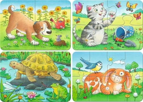 Dierenpuzzel voor kinderen met hond, kat, schildpad en konijn.