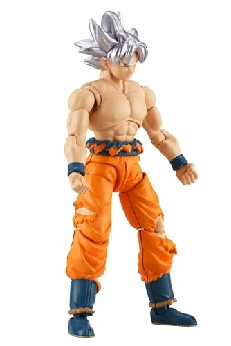 Anime actiefiguur met zilver haar en oranje broek.