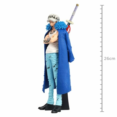 Animefiguur met blauwe jas en zwaard