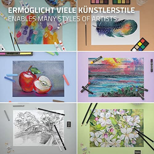 Verschillende kunstwerken en tekenstijlen met kunstbenodigdheden.