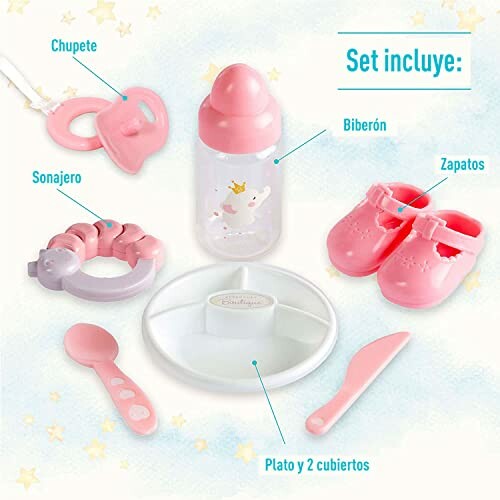 Roze baby accessoires set met fles, speen, rammelaar, schoenen, bord en bestek.