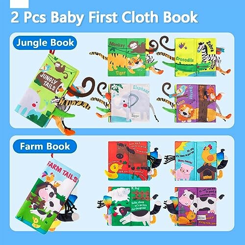 Eerste stoffen boeken voor baby's met jungle- en boerderijdieren.