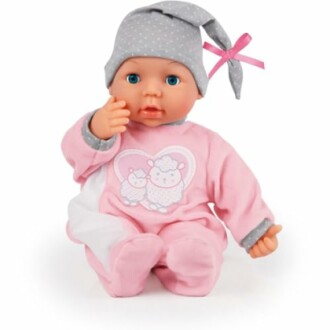 Babypop met roze kleding en grijze muts