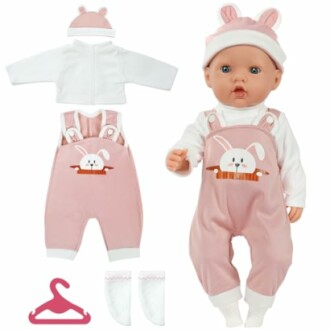 Babypop met roze konijnenoutfit en accessoires