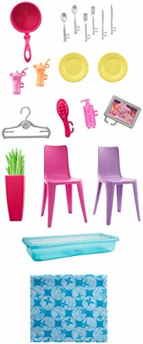 Set van Barbie poppenaccessoires met stoelen, borden, bestek, en decor.