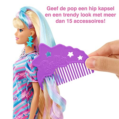 Barbie-pop met kleurrijk kapsel en accessoires.