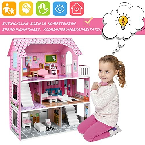 Meisje speelt met poppenhuis met verschillende kamers.