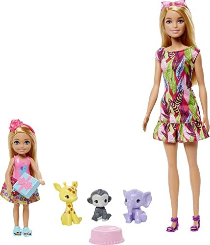 Barbie-poppen met speelgoeddieren en accessoires.