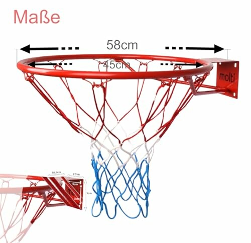 Basketbalring met net en afmetingen.