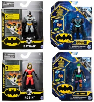 Speelgoedactiefiguren van Batman, Robin en de Joker in verpakking.