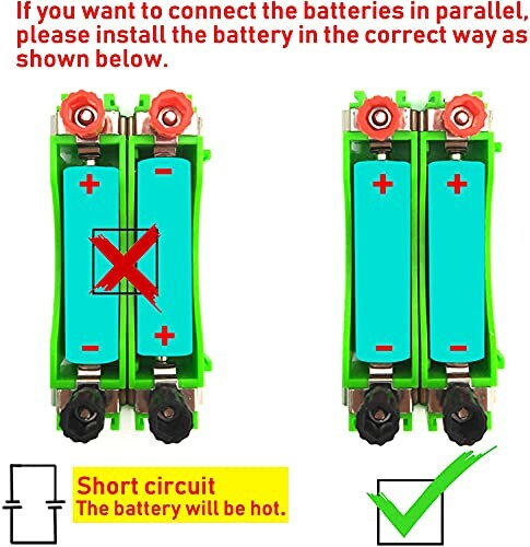 Diagram van correcte en onjuiste parallelle batterijverbinding.