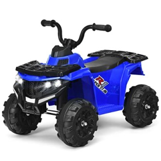 Blauwe elektrische kinderquad met dikke banden en handvatten.