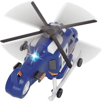 Blauw speelgoedhelikopter met draaiende rotorbladen