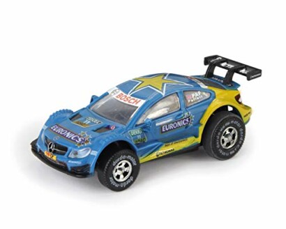 Speelgoed racewagen in blauw en geel met stickers