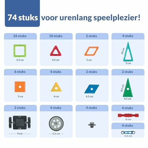 Overzicht van bouwspeelgoed onderdelen met afmetingen.