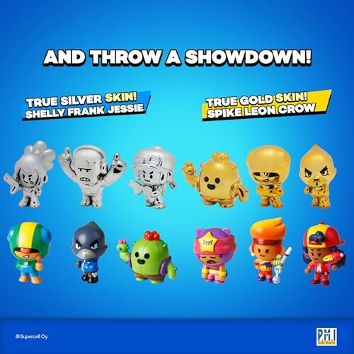 Speelfiguren met zilveren en gouden skins uit Brawl Stars.