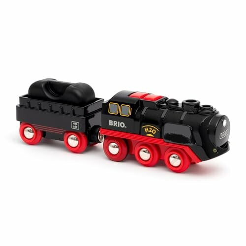 Speelgoedtrein met rode wielen en zwarte locomotief