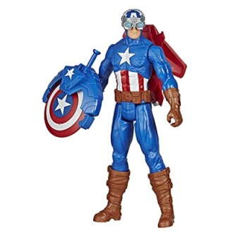 Actiefiguur van Captain America met schild en rugzak.