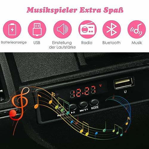 Muziekspeler met verschillende functies, inclusief USB en Bluetooth.