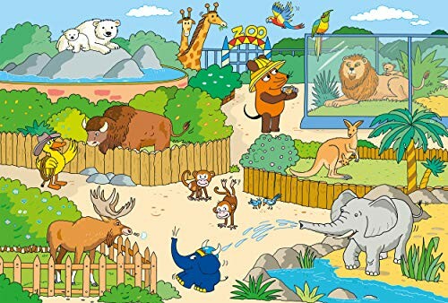 Cartoon van dieren in een dierentuin met een olifant, leeuw, ijsberen, giraffen en andere dieren.