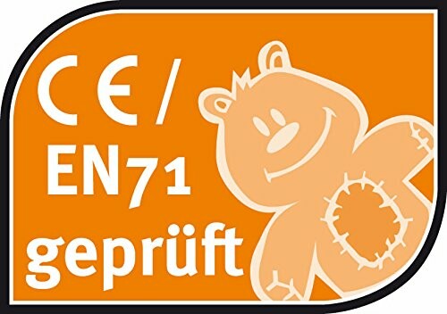 Oranje label met CE EN71 logo en knuffelbeer.