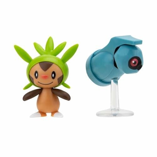 Twee speelgoedfiguren van Pokémon: een groene en een blauwe.