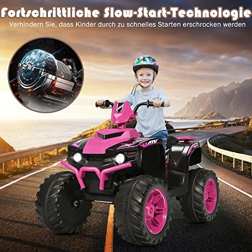 Kind op roze elektrische quad op weg