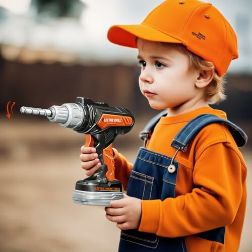 Kind in oranje kleding met speelgoedboormachine.