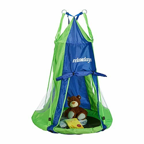 Blauwe en groene hangtent voor kinderen met teddybeer en boek erin.