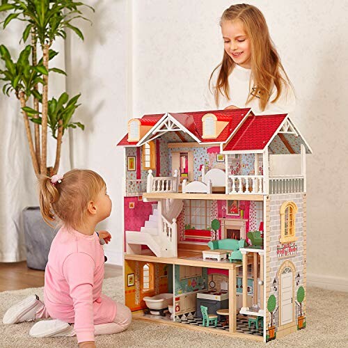 Twee kinderen spelen met een poppenhuis