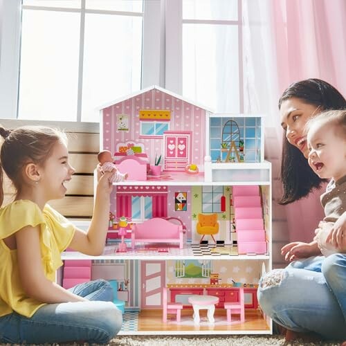 Kinderen spelen met een poppenhuis