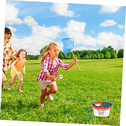 Kinderen rennen in een veld met een vlindernet.