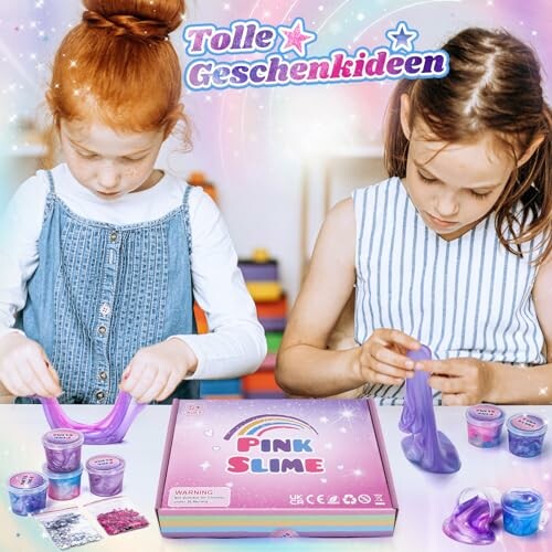 Twee kinderen spelen met roze slijm.