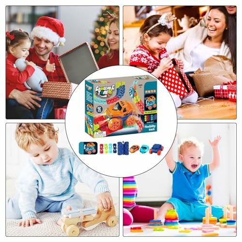 Kinderen spelen met speelgoed en openen cadeaus.