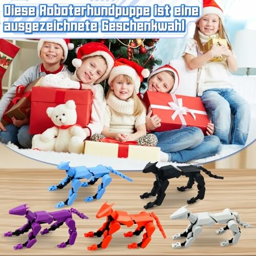 Kinderen met cadeaus en robot honden bij kerstboom.