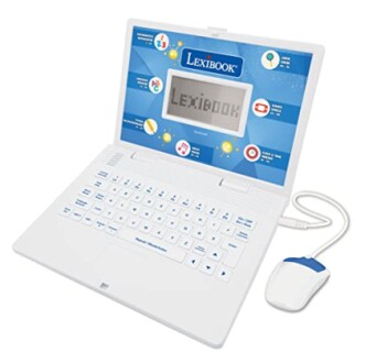 Educatieve laptop voor kinderen met toetsenbord en muis.