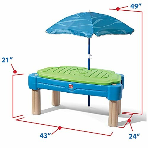 Kindertafel met parasol en afmetingen weergegeven