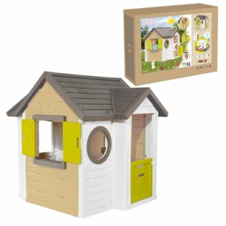 Kinderspeelhuis met bouwpakket en accessoires.