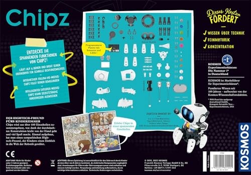 Achterkant van de Chipz robot bouwpakket doos met onderdelen en instructies.