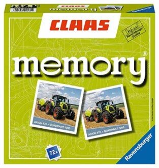 Voorkant van een Claas memoryspel doos met tractor afbeeldingen.