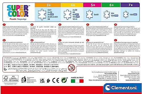 Informatiekaartje van Clementoni puzzel met leeftijdscategorieën en veiligheidsinformatie.