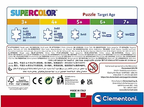 Achterkant van een Clementoni puzzeldoos met leeftijdscategorieën en puzzelstukjes.