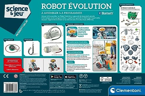 Verpakking van de Clementoni Robot Evolution kit met onderdelen en afbeeldingen van de robot.