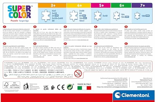 Instructies voor Clementoni Super Color puzzels met leeftijdsdoelen en puzzelgroottes.